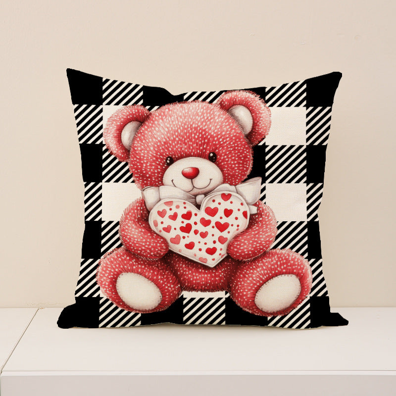 Valentine Plaid Bear Heart Basket Pillow Cover Set