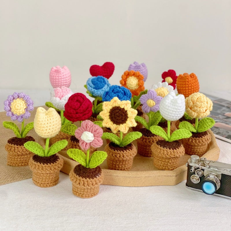 Valentine Crochet Flower Pot Decorative Gift Table Accent