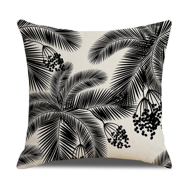 Modern Black White Linen Throw Pillow Cover Botanical Leaf