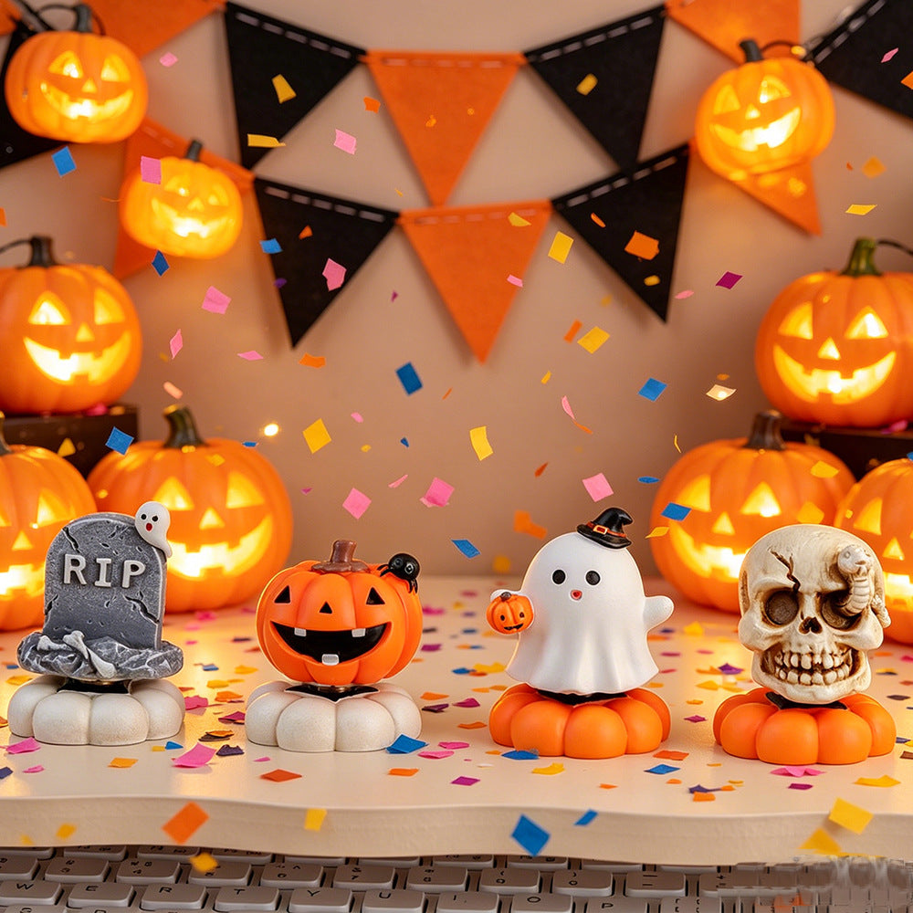 Resin Halloween Rotating Pumpkin Ghost Skull Tabletop Decoration