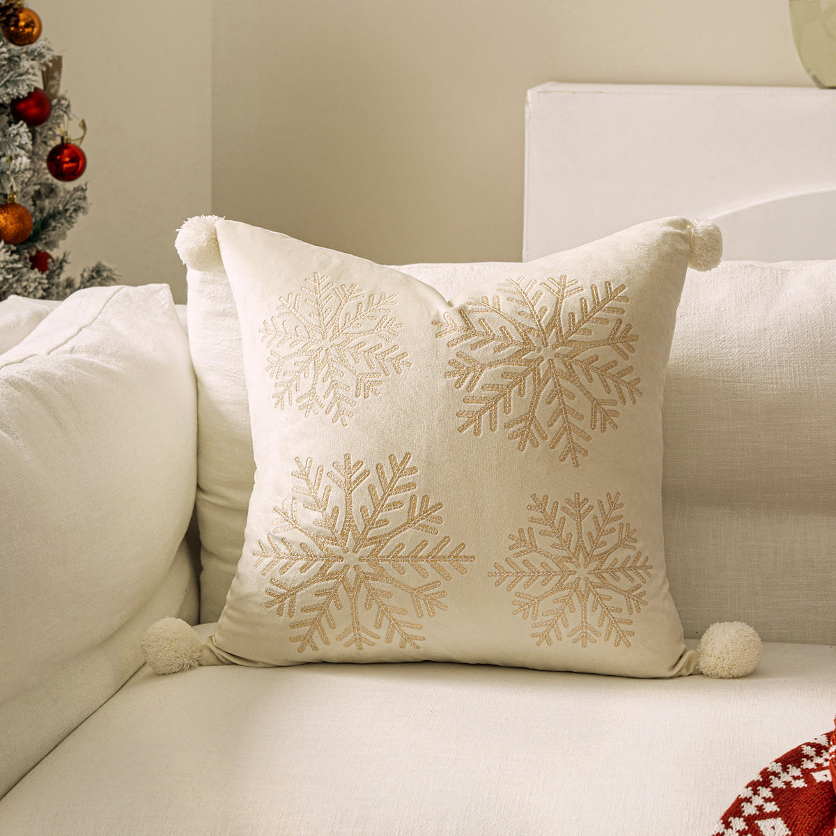 Christmas Reindeer Pillow Cover Gold Foil Tree 18x18 in