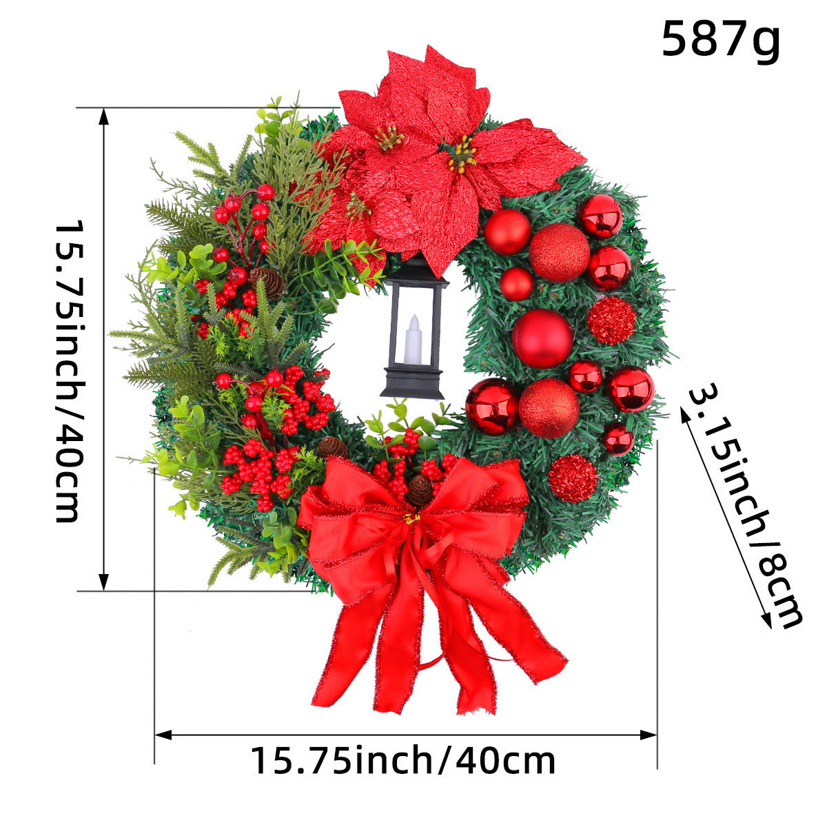 Christmas Wreath with Red Bow and Ornaments Door Decor