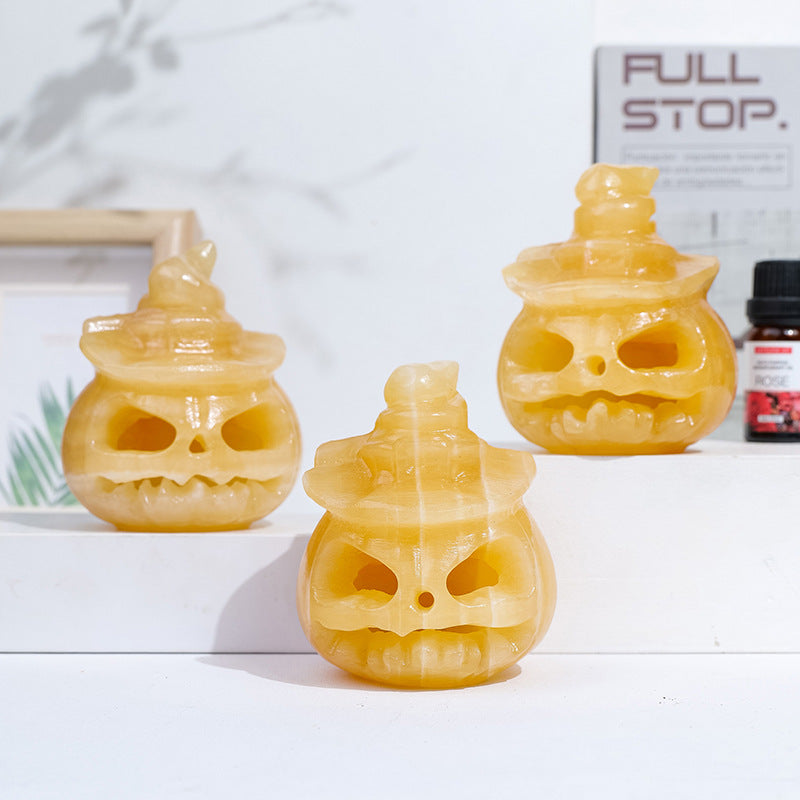 Natural Yellow Calcite Carved Pumpkin Figurine Decor