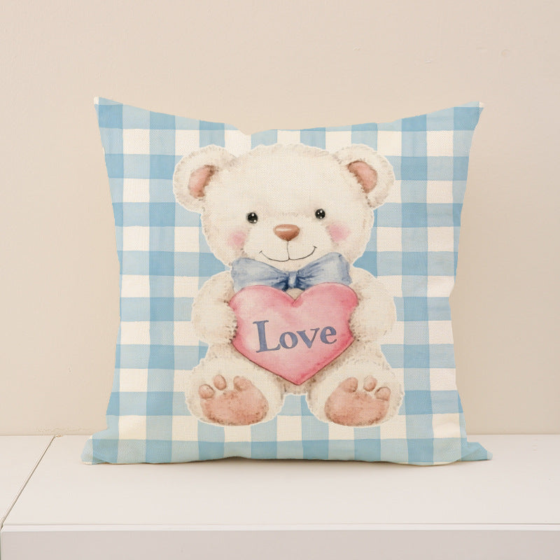 Valentine Pink Plaid Pillow Covers Set Cute Bear Decor