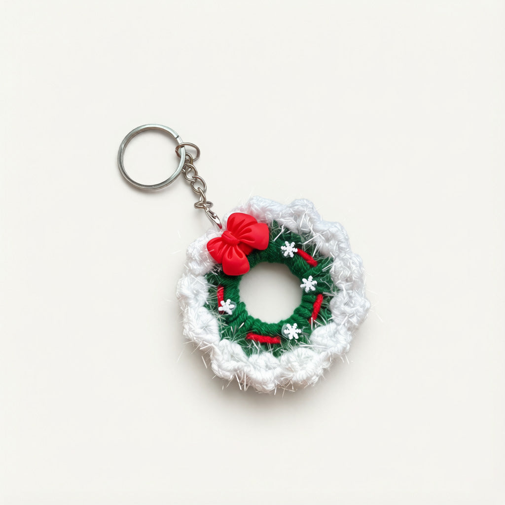 Handmade Knit Christmas Wreath Keychain Decor