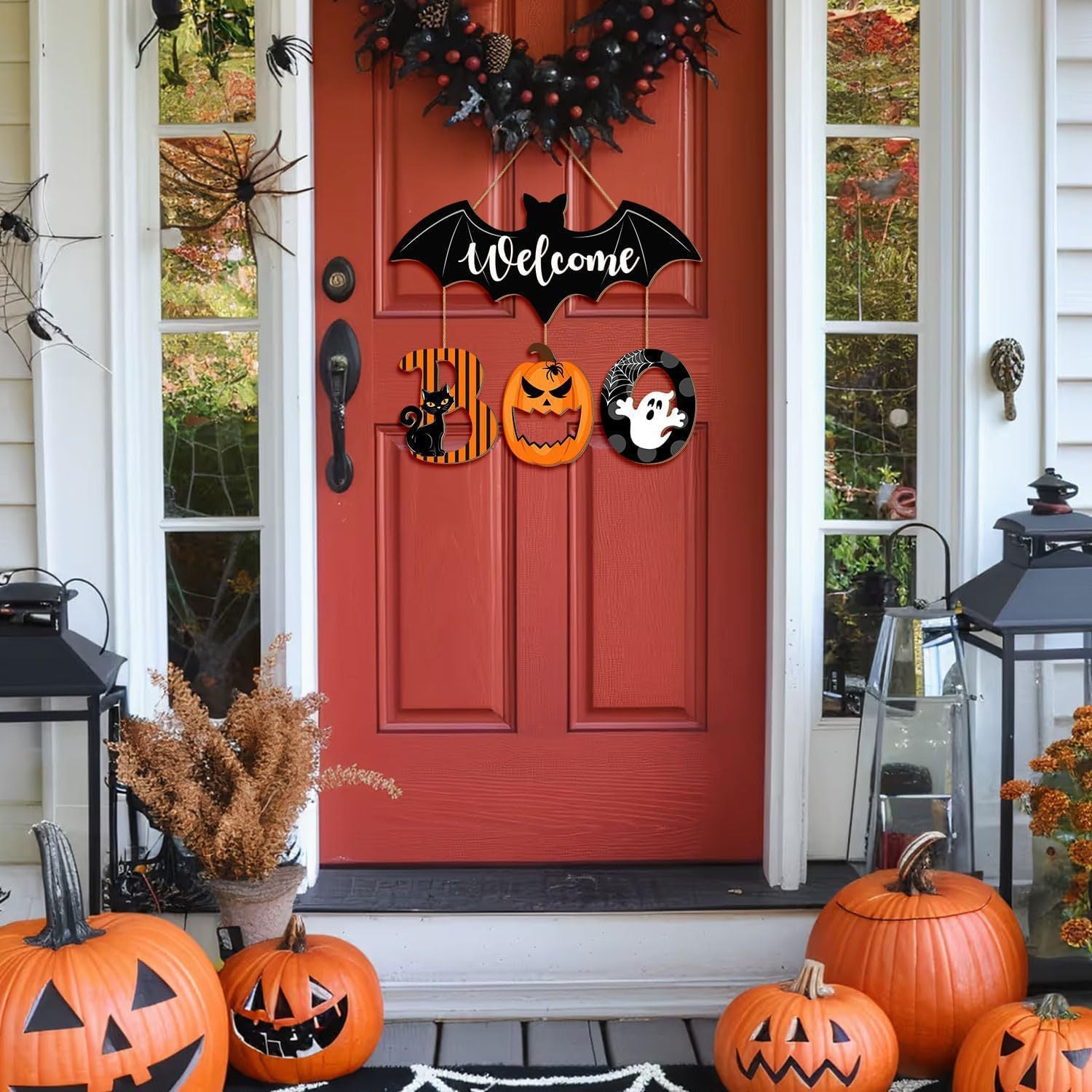Halloween Bat Pumpkin Ghost Wooden Hanging Door Sign Welcome Decor