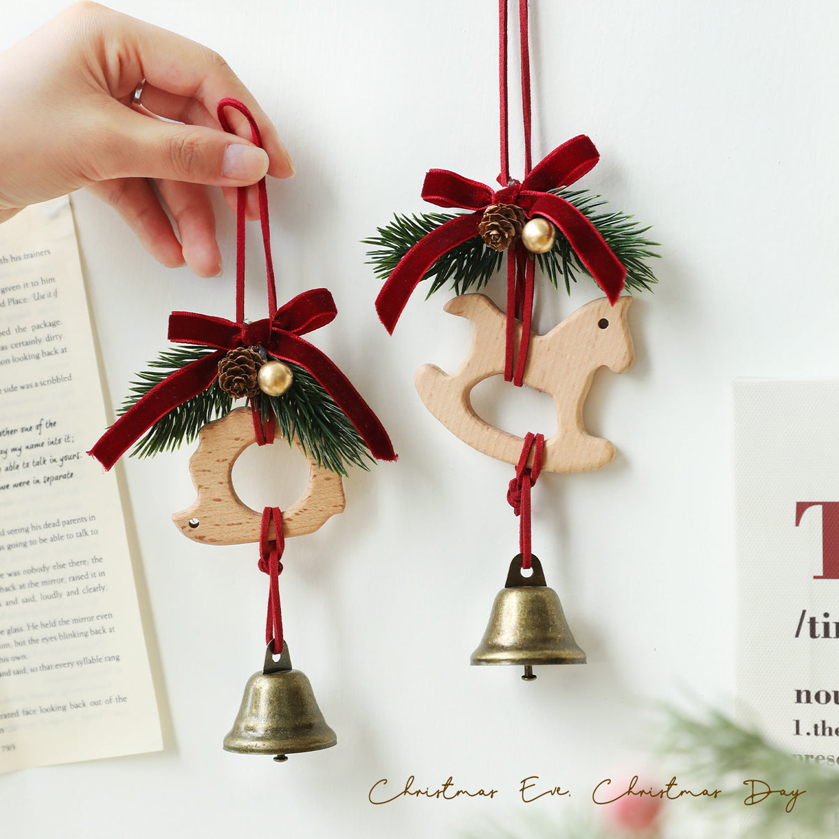 Rustic Wooden Bell Ornament with Pinecone Velvet Bow