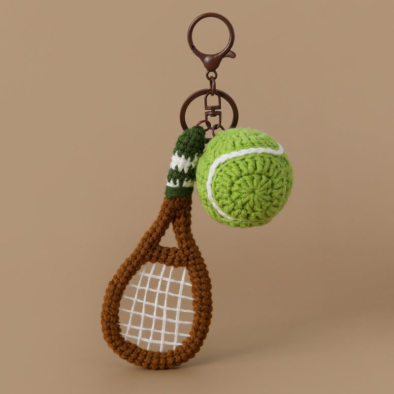Crochet Tennis Racket Shaped Keychain Sporty Ball Bag Charm
