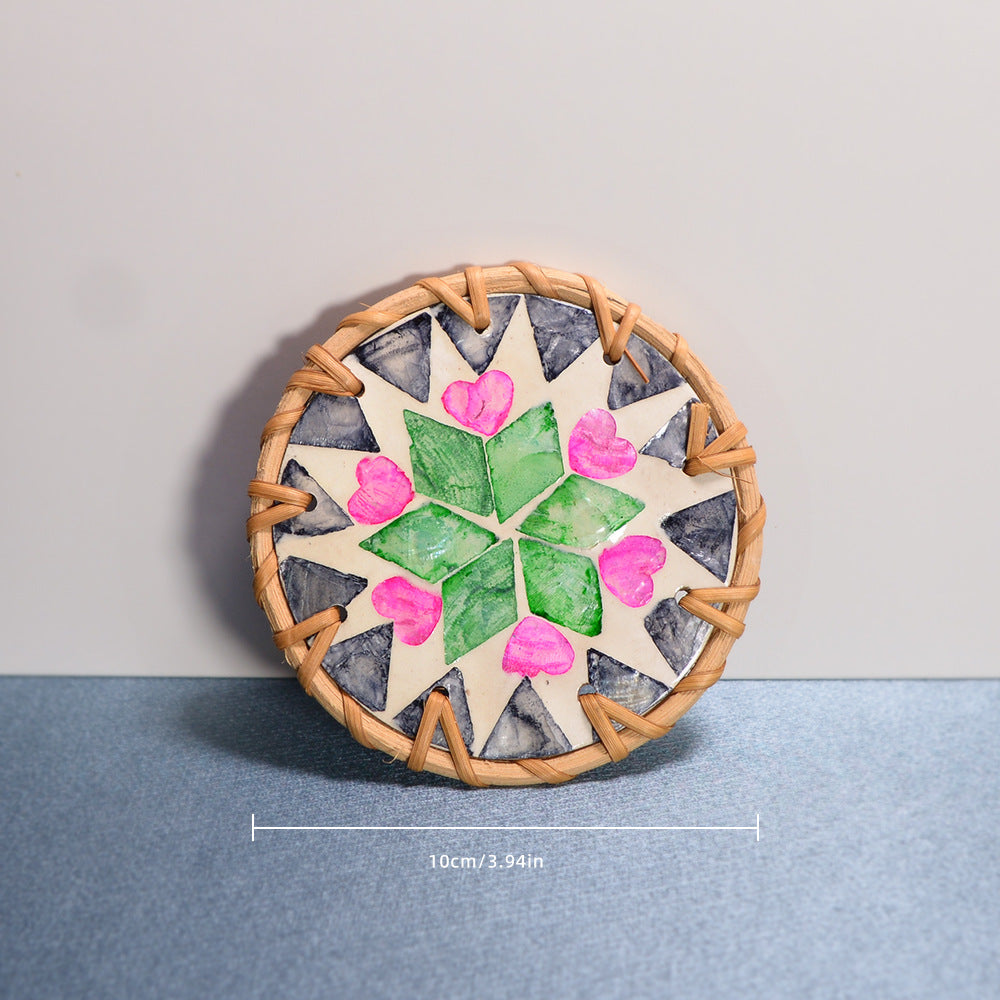 Shell Mosaic Drink Coaster Round Woven Rattan Cup Mat