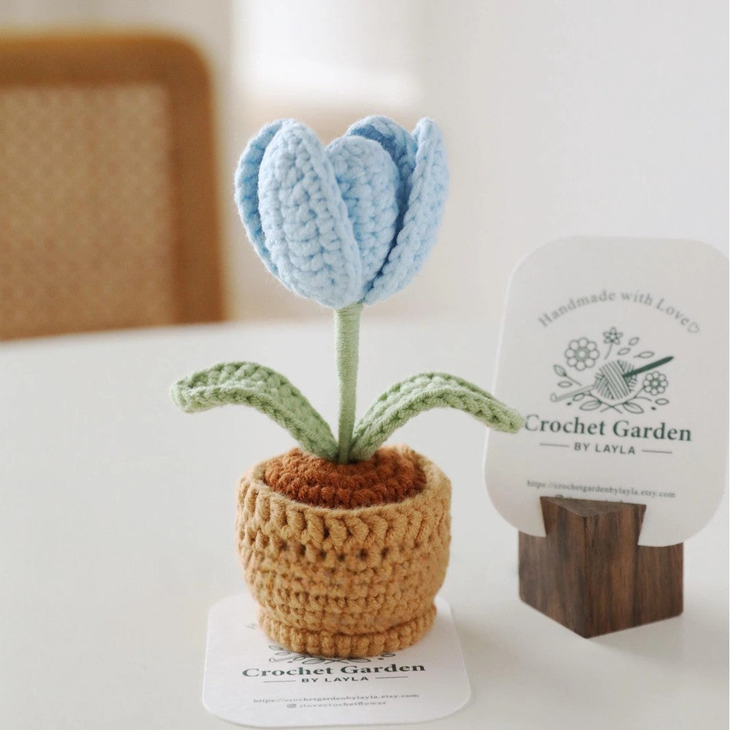 Crochet Tulip in Pot Handmade Mini Flower Decorative Accent