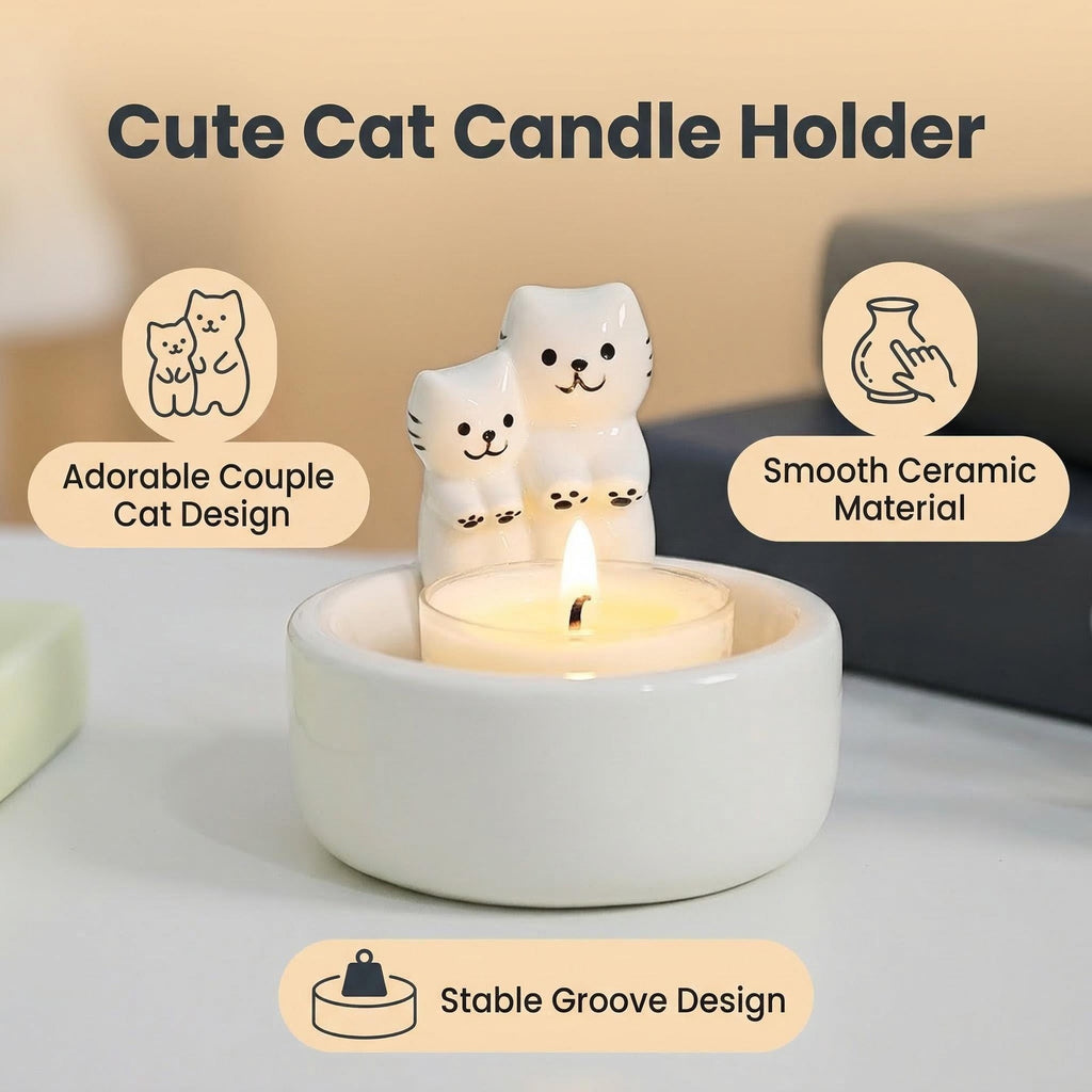 Cute Couple Cats Candle Holder Ceramic Tabletop Decor