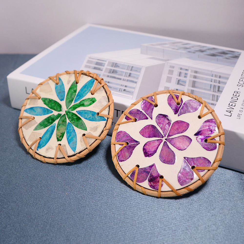 Shell Mosaic Drink Coaster Round Woven Rattan Cup Mat