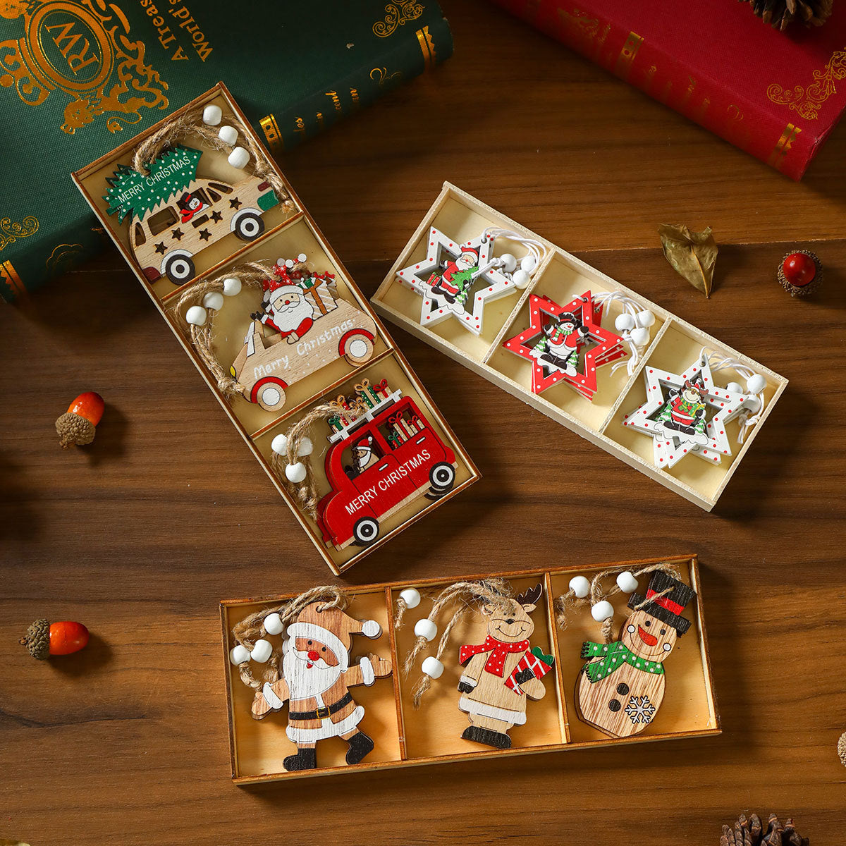 Wooden Christmas Ornament Set Holiday Hanging Decor