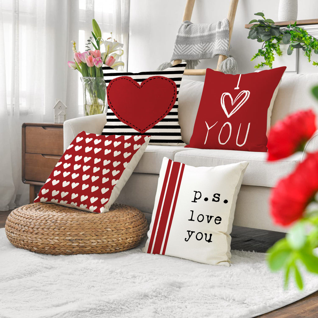 Valentine Heart Print Linen Pillow Cover Set for Sofa Decor