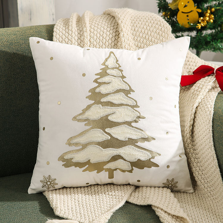 Christmas Reindeer Pillow Cover Gold Foil Tree 18x18 in