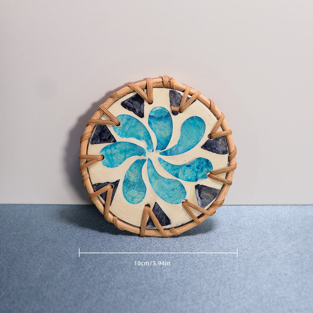 Shell Mosaic Drink Coaster Round Woven Rattan Cup Mat