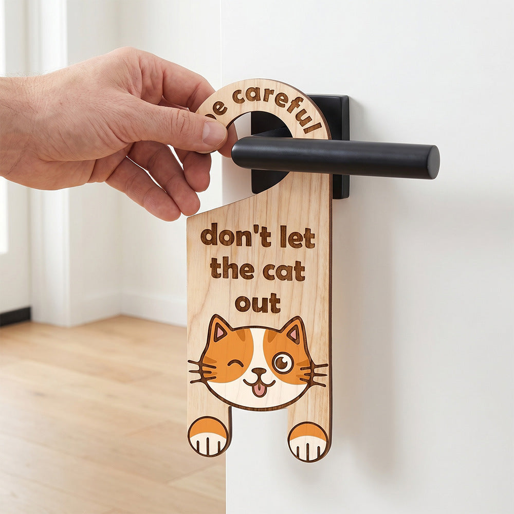 Cat Door Knob Safety Sign Wooden Door Hanging Decor