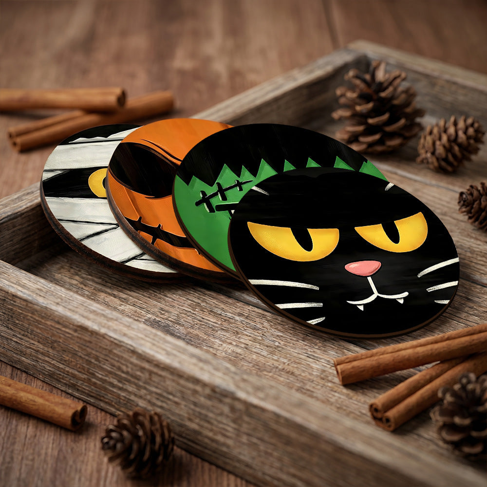 Wooden Halloween Coaster Set Seasonal Table Decor