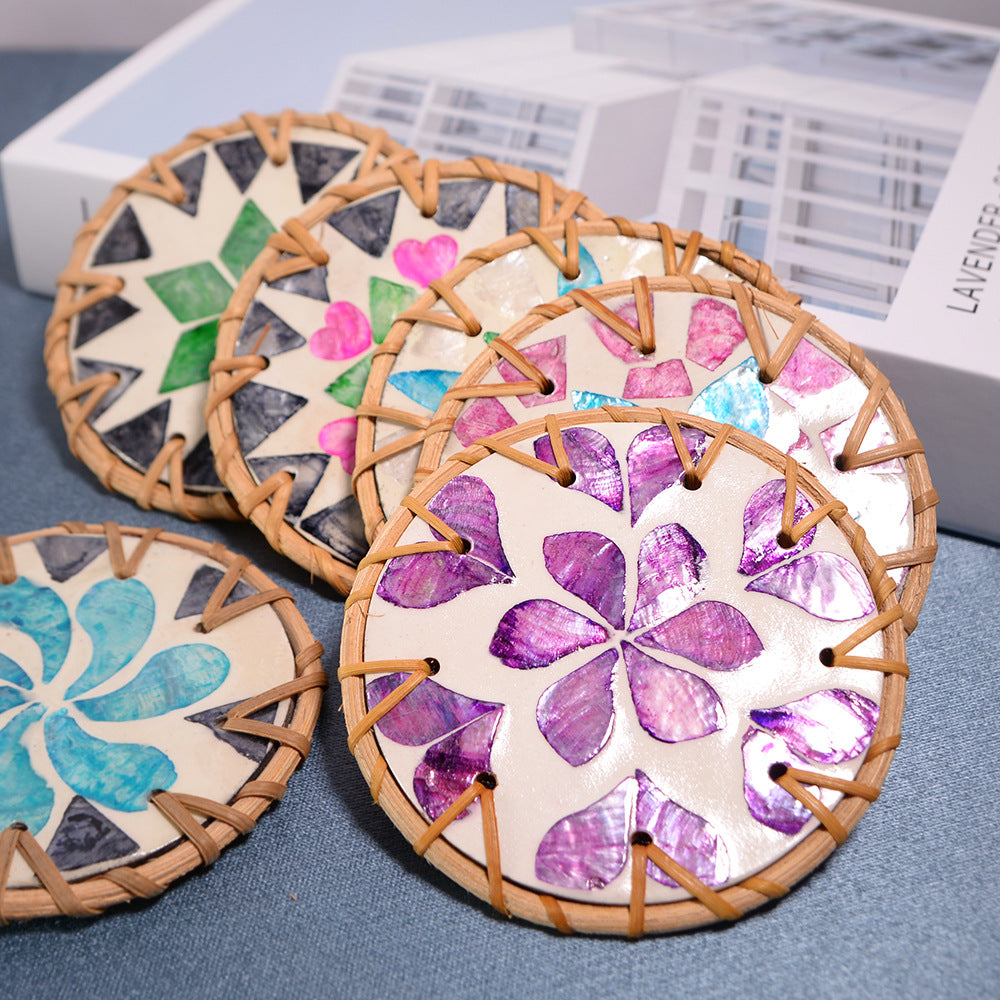 Shell Mosaic Drink Coaster Round Woven Rattan Cup Mat