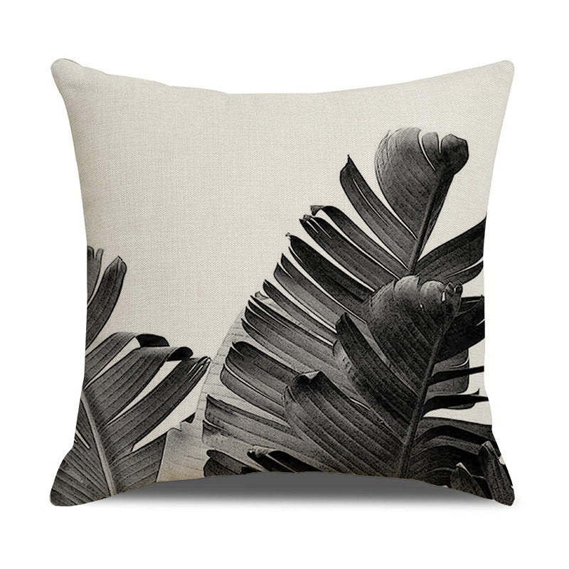 Modern Black White Linen Throw Pillow Cover Botanical Leaf