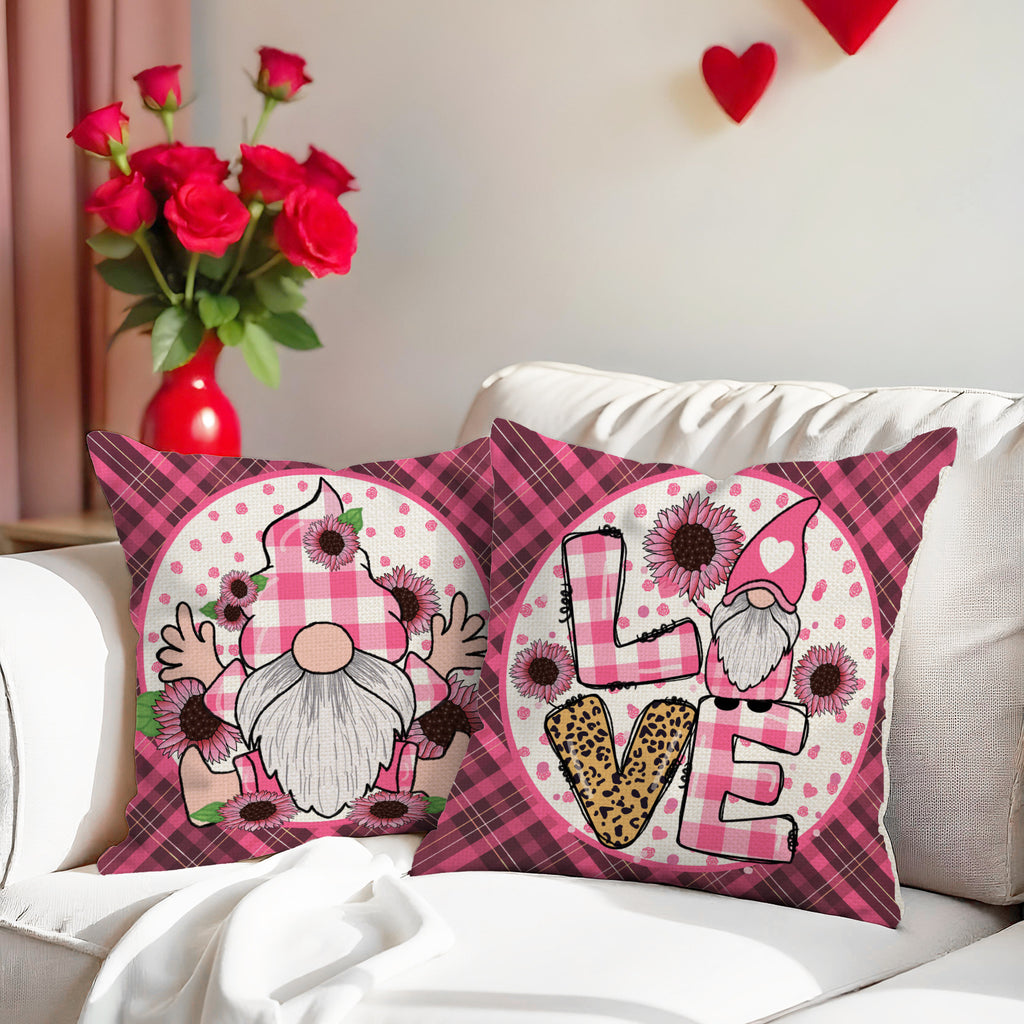 Valentine Love Gnome Pink Plaid Heart Throw Pillow Covers