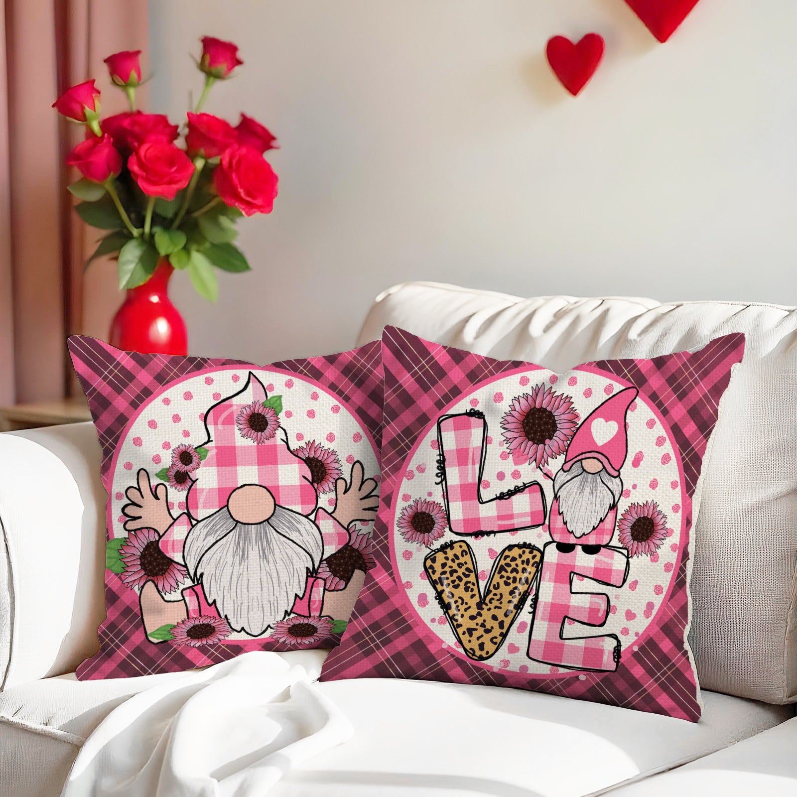 Valentine Love Gnome Pink Plaid Heart Throw Pillow Covers
