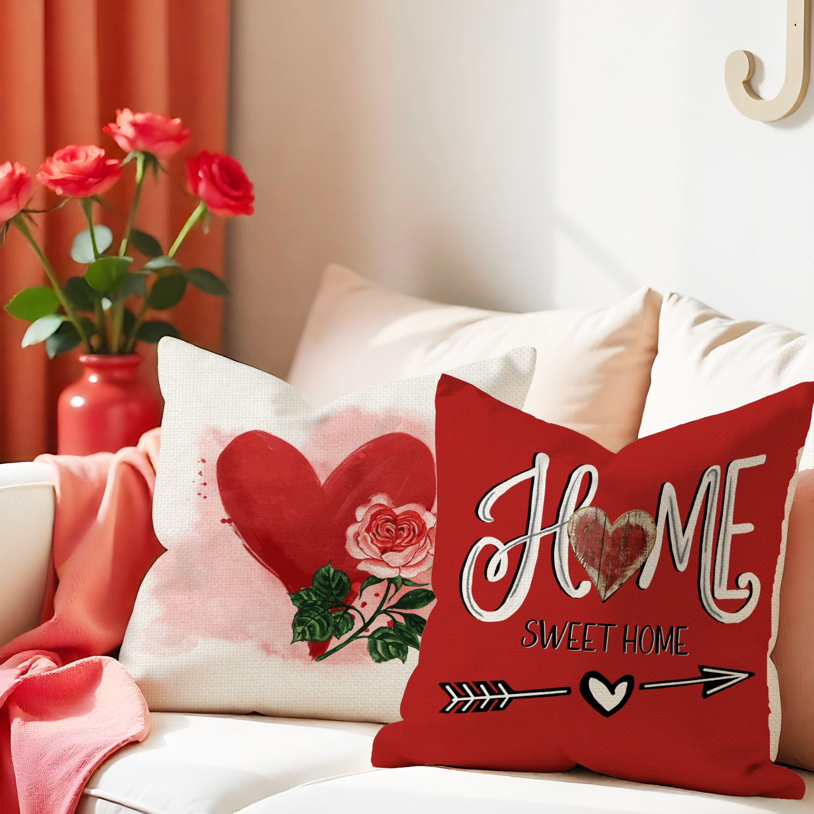 Red Valentine Heart Floral Love Decorative Pillow Cover