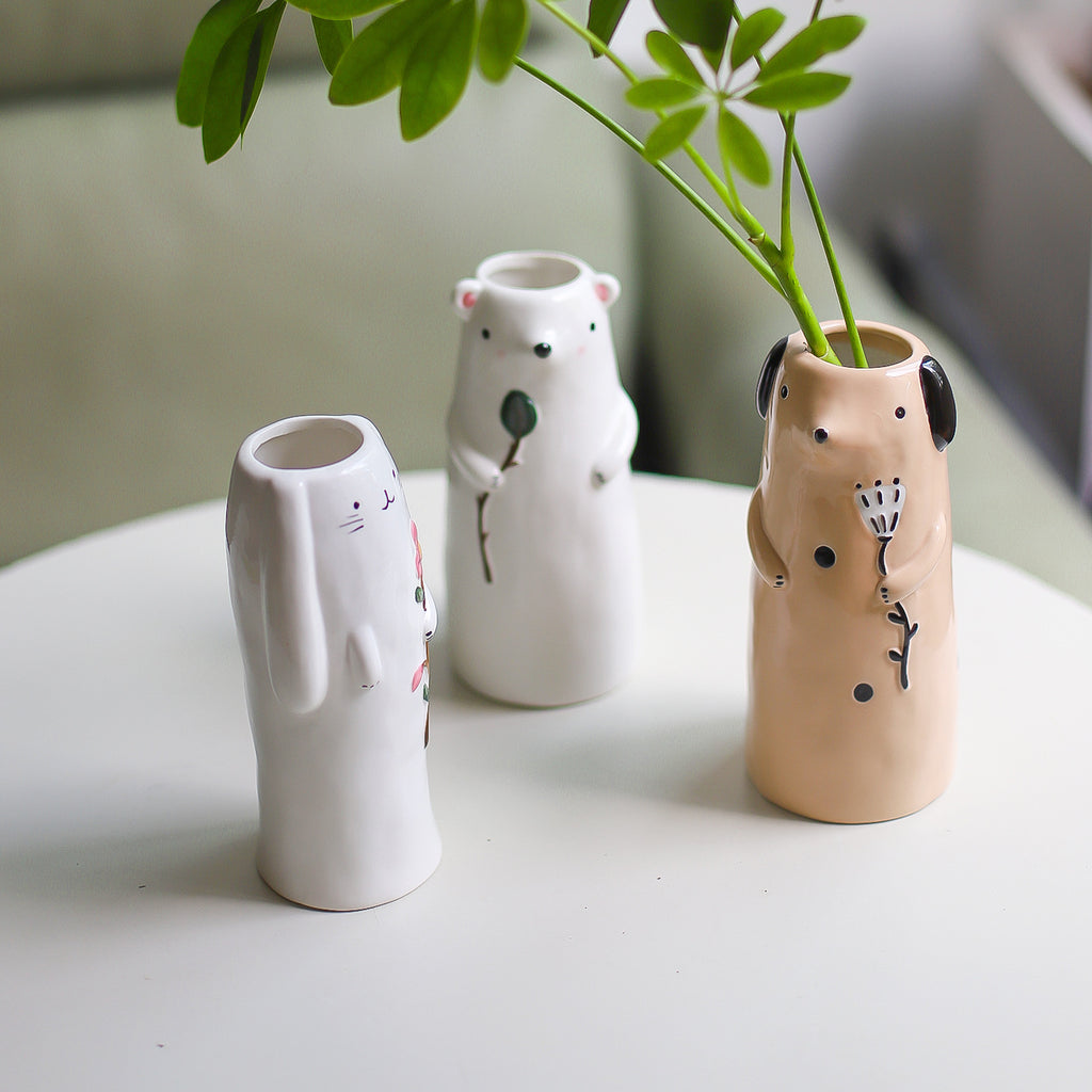 Animal Ceramic Flower Vase Bear Dog Cute Desk Decor Planter