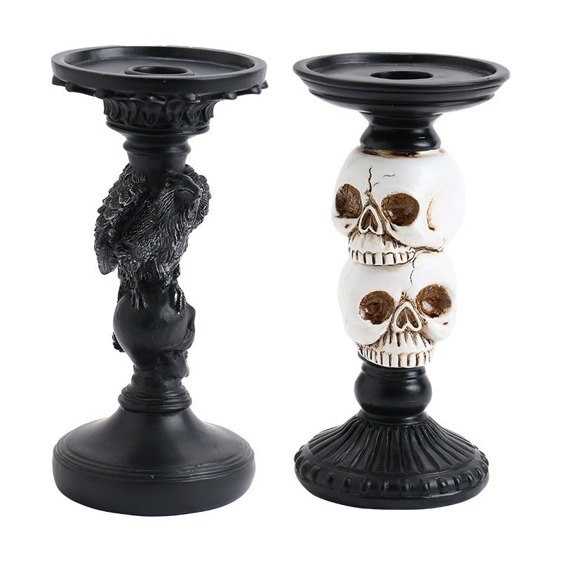 Resin Halloween Skull Raven Candle Holder Tabletop Decor
