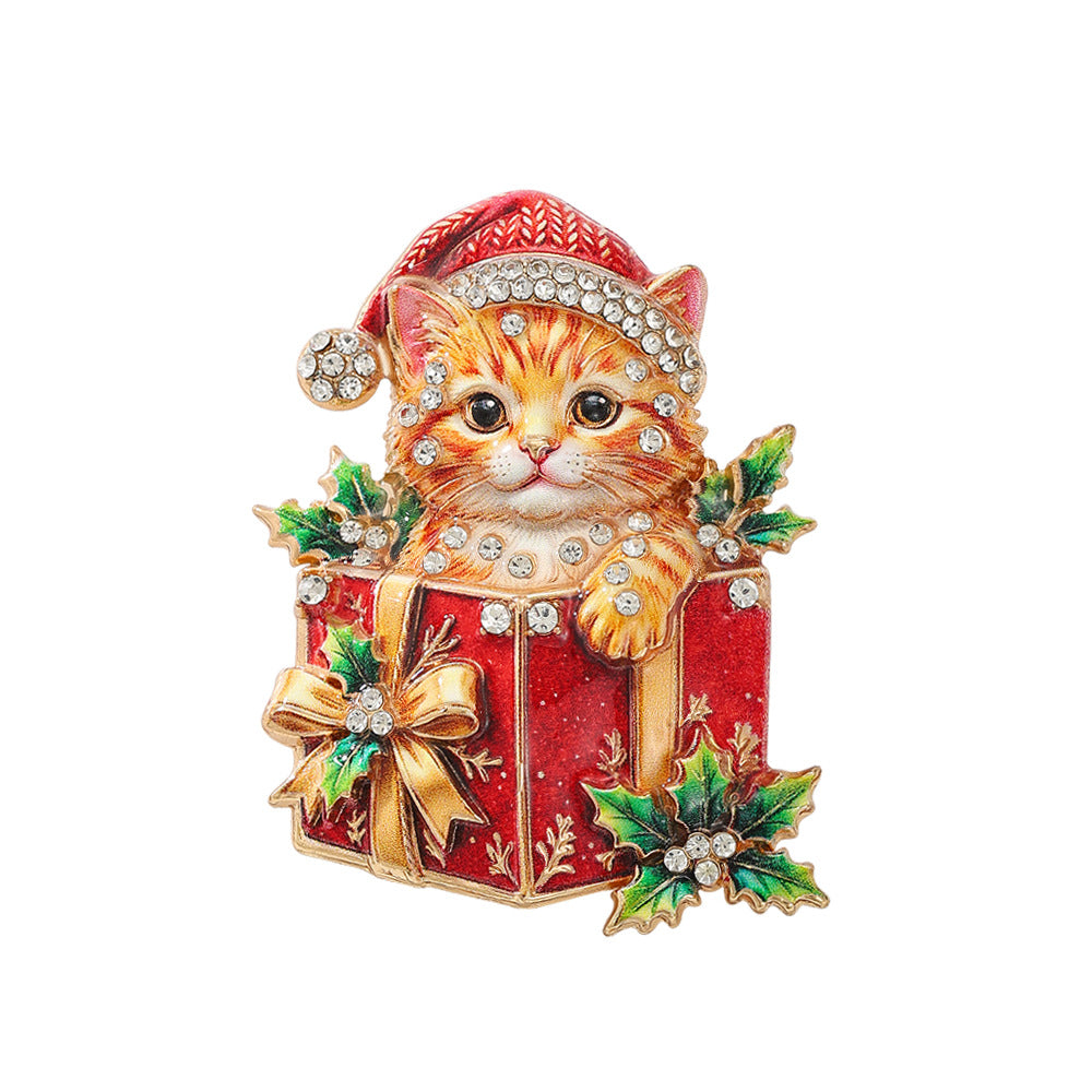 Christmas Cat Brooch Rhinestone Gift Box Pin