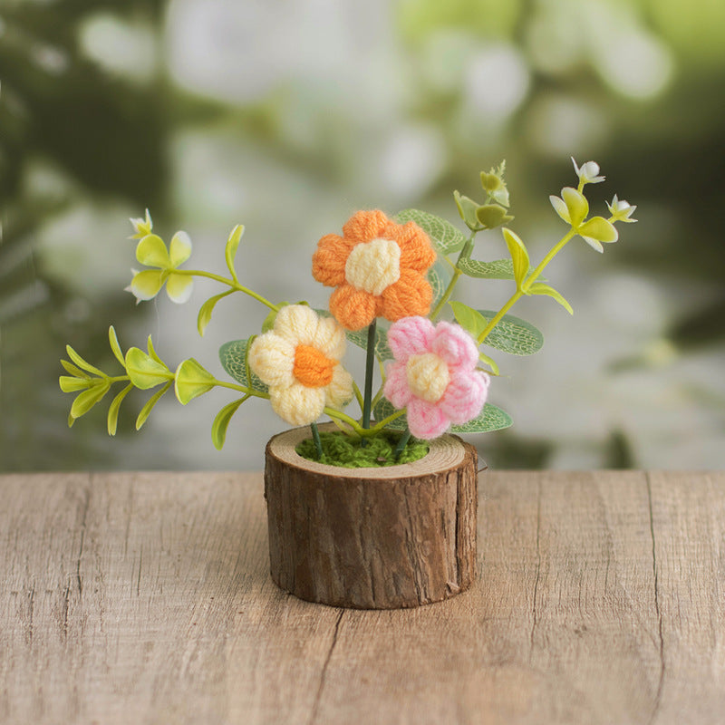 Crochet Puff Flower Pot Wooden Base Gift Decor