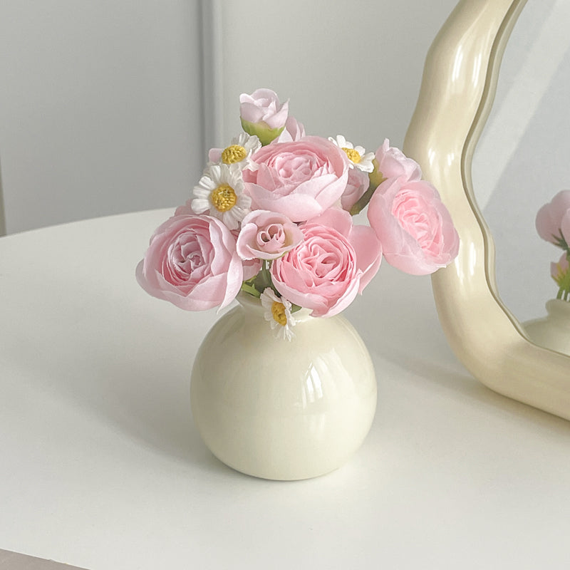 Cream Color Ceramic Vase with Silk Flower Bouquet Home Decor