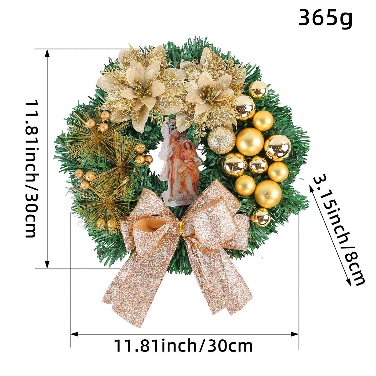 Christmas Wreath with Red Bow and Ornaments Door Decor