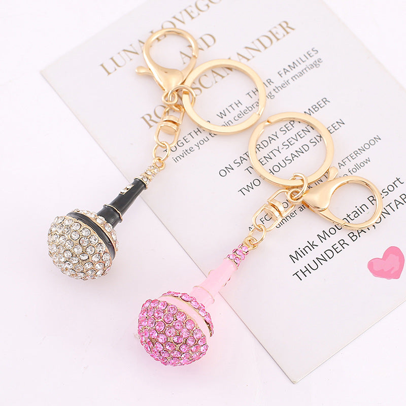 Rhinestone Microphone Keychain Chic Metal Bag Charm Gift