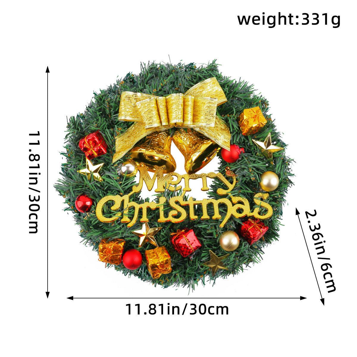 Christmas Wreath with Red Bow and Ornaments Door Decor