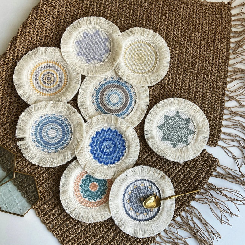 Boho Pattern Round Decorative Drink Coaster Set with Tassels