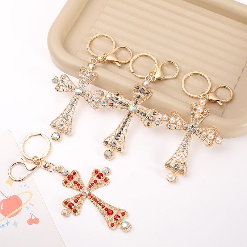 Rhinestone Cross Keychain Gold Alloy Charm