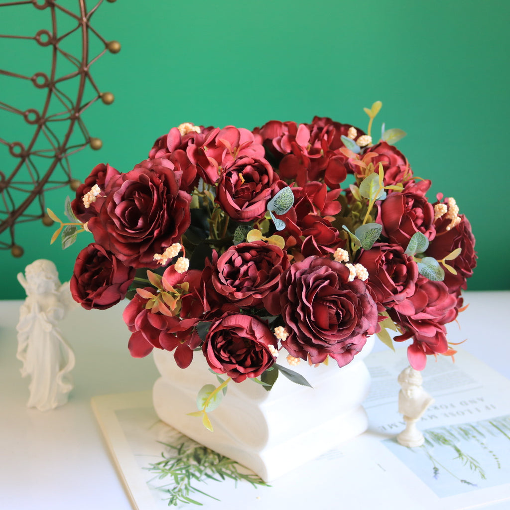 Valentine European Faux Peony Hydrangea Rose Vintage Bouquet