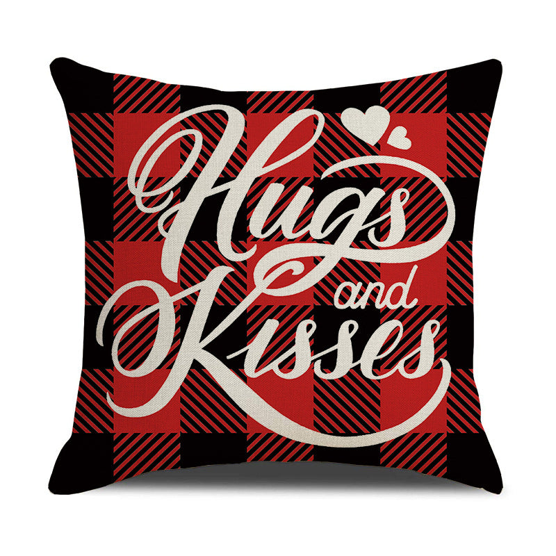 Red Plaid Valentine Pillow Cover with Heart Letter Print