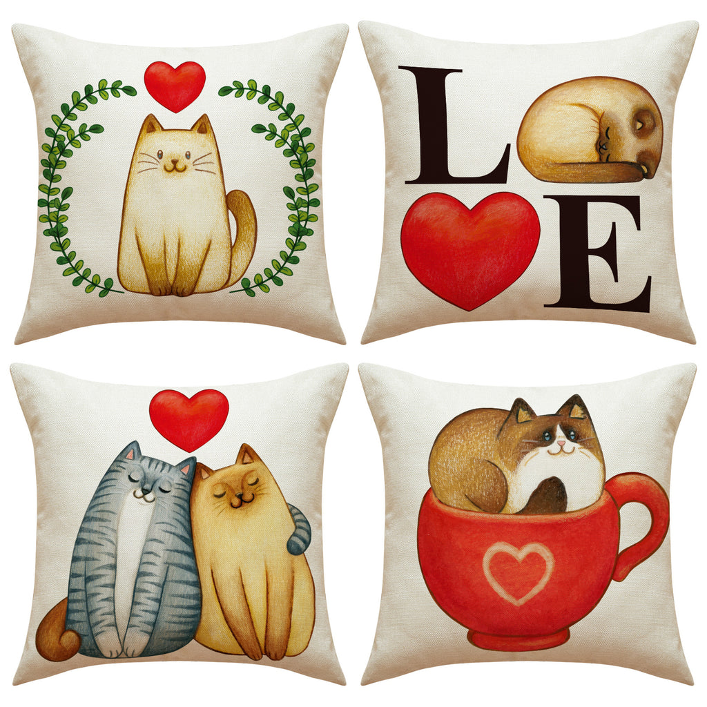 Valentine Cat Pillow Cover Nordic Linen Cute Love Cushion