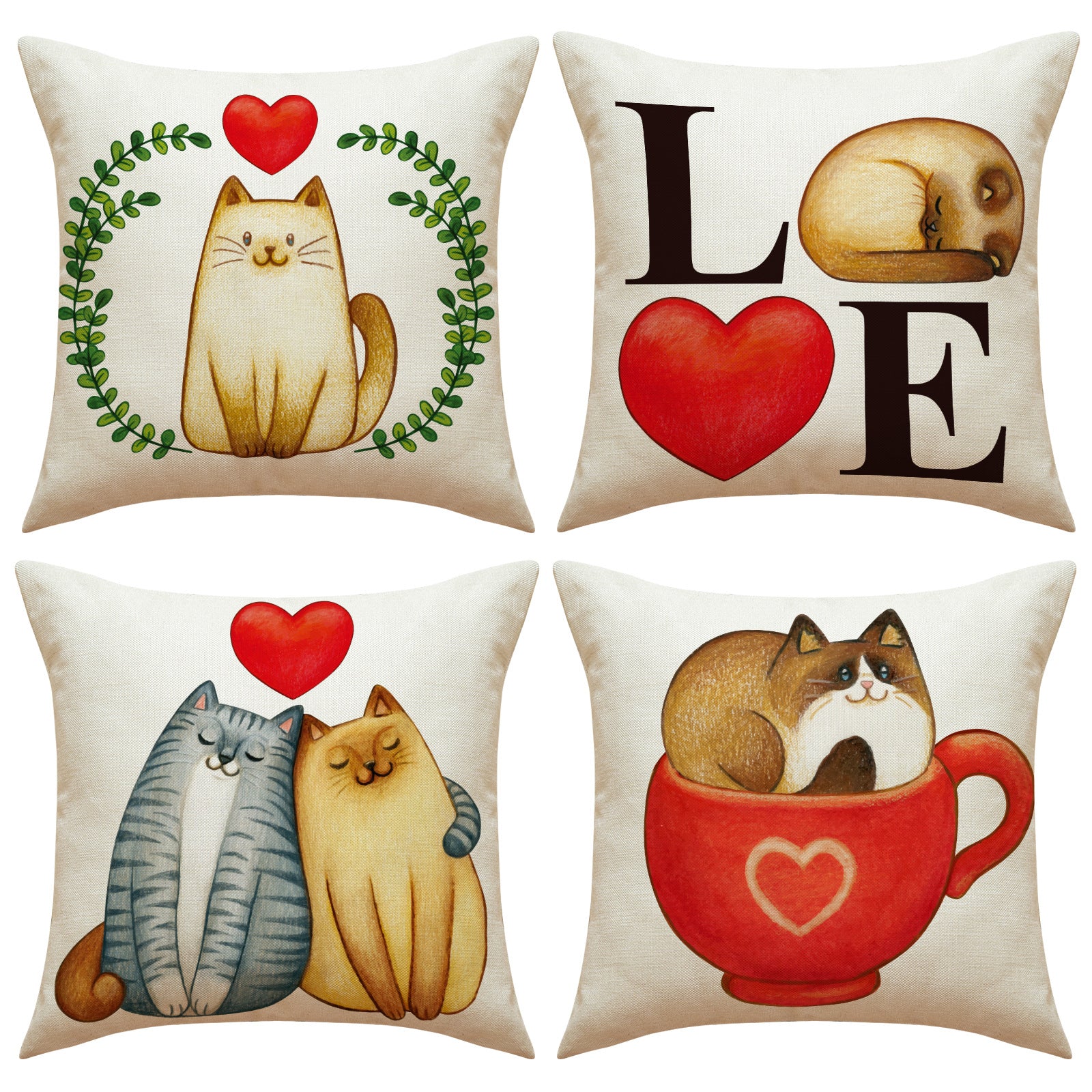 Valentine Cat Pillow Cover Nordic Linen Cute Love Cushion