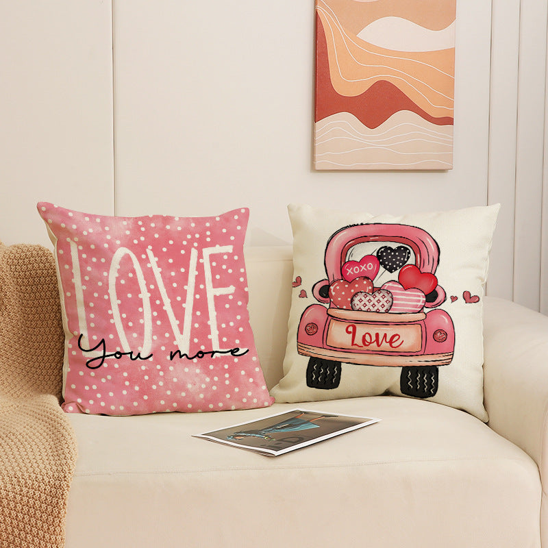 Pink Valentine Heart Print Linen Throw Pillow Covers Set
