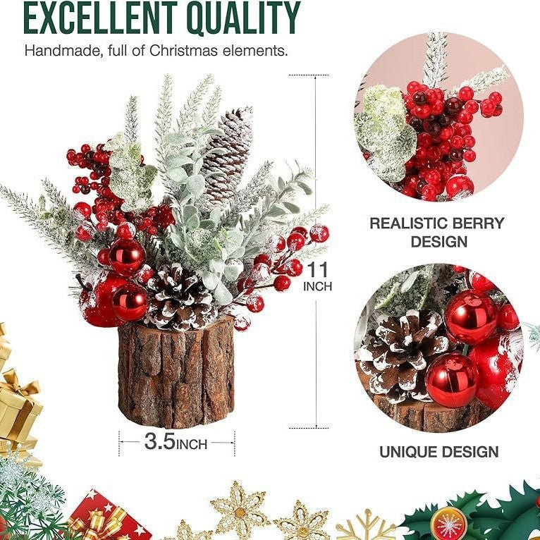 Christmas Tabletop Decor with PE Greenery and Rustic Wood Slice Base