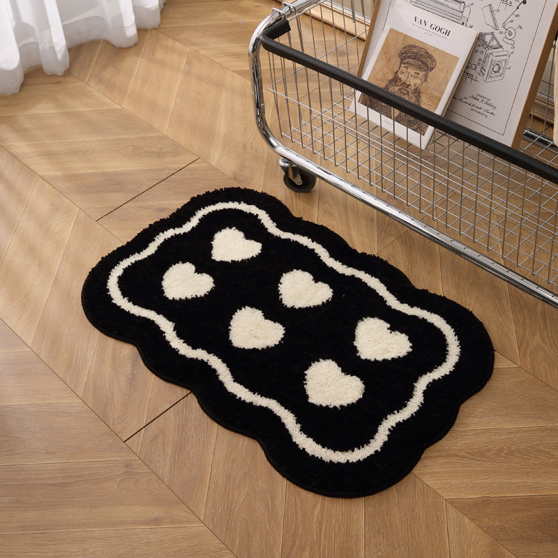 Black and White Heart Pattern Plush Anti-Slip Accent Rug