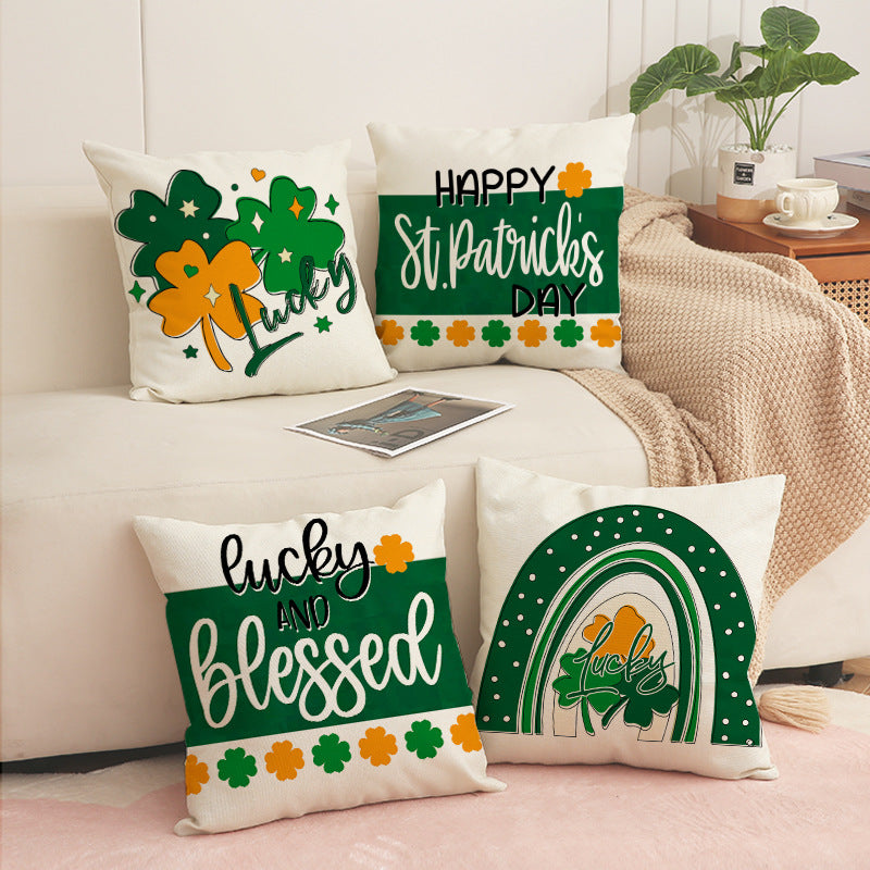 St. Patrick’s Day Shamrock Print Linen Pillow Cover