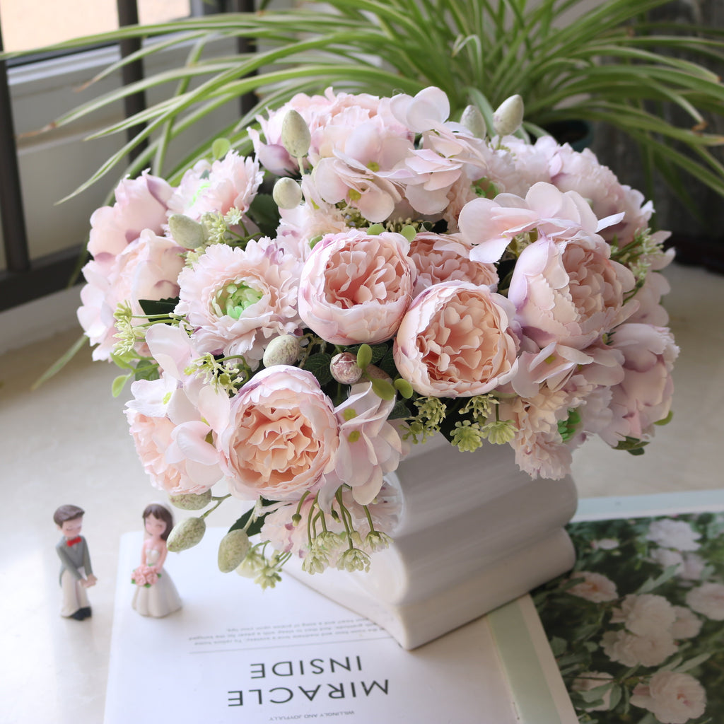Valentine 5-Head Nordic Faux Peony Hydrangea Berry Bouquet