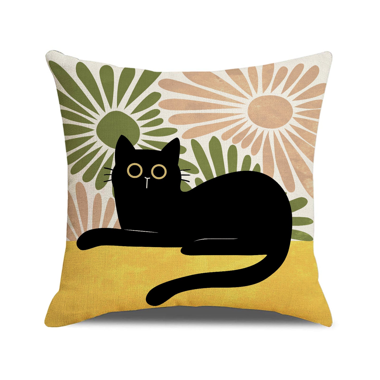 Nordic Black Cat Throw Pillow Cover with Botanical Print