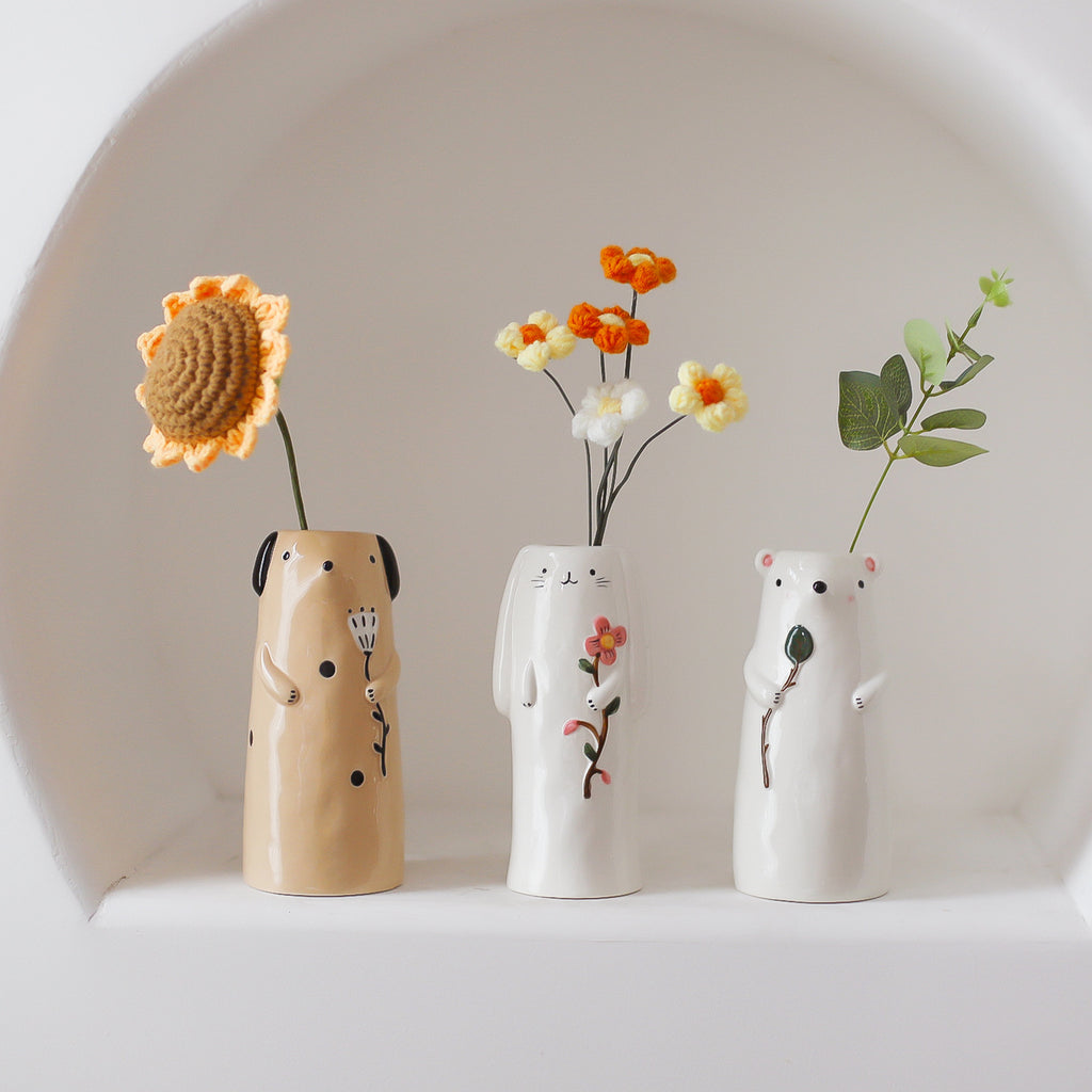 Animal Ceramic Flower Vase Bear Dog Cute Desk Decor Planter