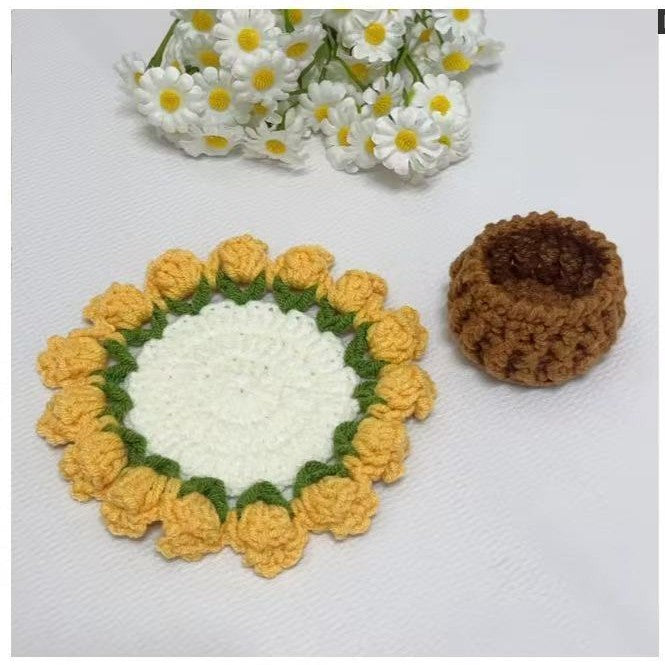 Handmade Crochet Flower Basket Coaster Set Home Decor