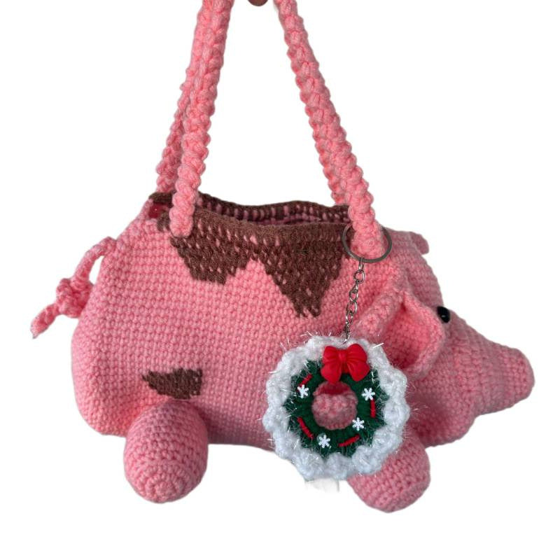 Handmade Knit Christmas Wreath Keychain Decor